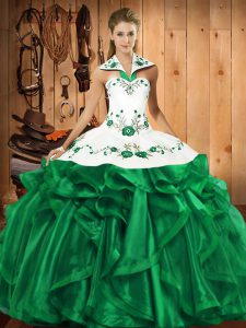 Shining Halter Top Sleeveless Sweet 16 Dresses Floor Length Embroidery and Ruffles Green Satin and Organza