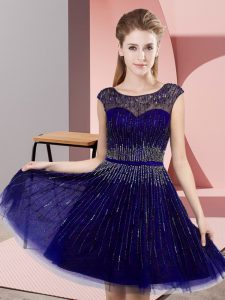 Purple Tulle Backless Scoop Sleeveless Knee Length Beading