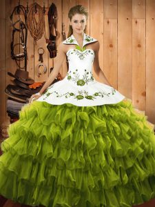 Gorgeous Sleeveless Floor Length Embroidery and Ruffled Layers Lace Up Quinceanera Gown with Olive Green