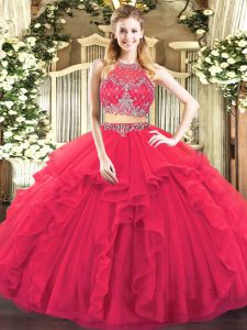 Sleeveless Tulle Floor Length Zipper Quinceanera Dresses in Coral Red with Beading and Ruffles