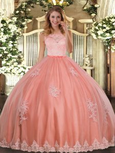 Luxurious Sleeveless Tulle Floor Length Clasp Handle Ball Gown Prom Dress in Watermelon Red with Lace and Appliques