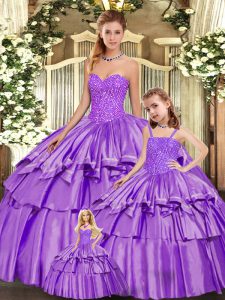 Floor Length Lace Up Quinceanera Gowns Eggplant Purple for Military Ball and Sweet 16 and Quinceanera with Beading and Ruffled Layers
