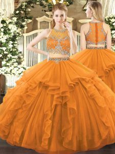 Exceptional Floor Length Two Pieces Sleeveless Orange Quinceanera Gown Zipper