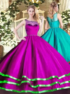 Graceful Fuchsia Lace Up 15th Birthday Dress Beading and Ruffled Layers Sleeveless Floor Length