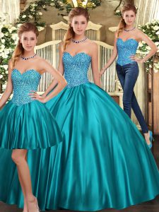 Fabulous Teal Quinceanera Gown Military Ball and Sweet 16 and Quinceanera with Beading Sweetheart Sleeveless Lace Up