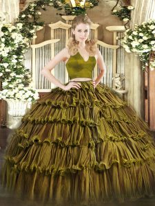 Vintage Floor Length Olive Green Sweet 16 Quinceanera Dress Halter Top Sleeveless Zipper