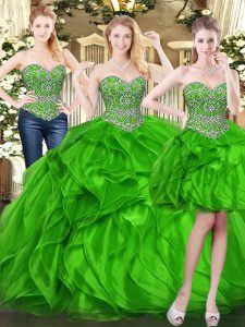 Green Organza Lace Up 15 Quinceanera Dress Sleeveless Floor Length Beading and Ruffles