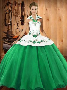 Classical Green Halter Top Neckline Embroidery Quinceanera Gown Sleeveless Lace Up