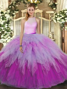 Adorable Multi-color Ball Gowns High-neck Sleeveless Organza Floor Length Backless Ruffles Ball Gown Prom Dress