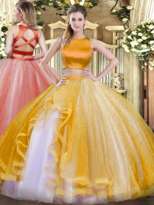 Colorful High-neck Sleeveless Quinceanera Dresses Floor Length Ruffles Gold Tulle