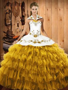 Hot Selling Embroidery and Ruffled Layers Quinceanera Dress Gold Lace Up Sleeveless Floor Length