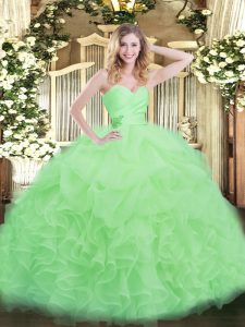 Floor Length Lace Up 15 Quinceanera Dress Apple Green for Military Ball and Sweet 16 and Quinceanera with Beading and Ruffles