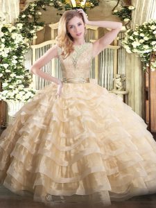 Floor Length Backless 15th Birthday Dress Champagne for Military Ball and Sweet 16 and Quinceanera with Lace and Ruffled Layers