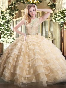 Floor Length Backless 15th Birthday Dress Champagne for Military Ball and Sweet 16 and Quinceanera with Lace and Ruffled Layers