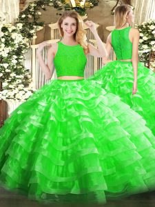 Green Scoop Zipper Lace and Ruffled Layers Quinceanera Gowns Sleeveless