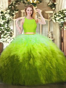 Sleeveless Organza Floor Length Zipper Sweet 16 Dresses in Olive Green with Lace and Ruffles