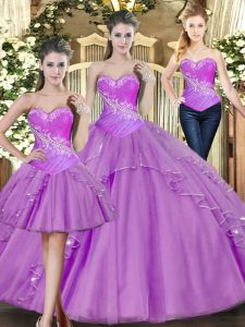 Lilac Ball Gowns Sweetheart Sleeveless Tulle Floor Length Lace Up Beading Sweet 16 Dress