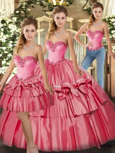Sophisticated Floor Length Watermelon Red Sweet 16 Dresses Organza Sleeveless Beading and Ruffled Layers