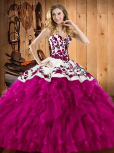 Stylish Satin and Organza Sweetheart Sleeveless Lace Up Embroidery and Ruffles 15 Quinceanera Dress in Fuchsia