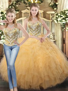 Sleeveless Floor Length Beading and Ruffles Lace Up Quinceanera Gown with Champagne