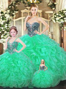 Free and Easy Green Organza Lace Up Sweetheart Sleeveless Floor Length Sweet 16 Dresses Ruffles