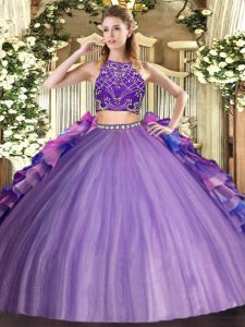 Two Pieces Ball Gown Prom Dress Multi-color High-neck Tulle Sleeveless Floor Length Zipper