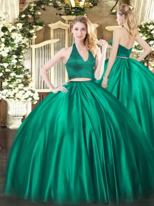 Fashionable Dark Green Two Pieces Ruching 15th Birthday Dress Zipper Satin Sleeveless Floor Length