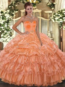Orange Organza Lace Up Sweetheart Sleeveless Floor Length Quinceanera Gowns Beading and Ruffled Layers