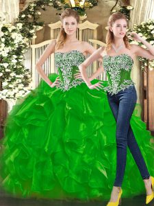 Elegant Green Organza Lace Up Quince Ball Gowns Sleeveless Floor Length Beading and Ruffles