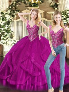 Fine Fuchsia Sleeveless Beading and Ruffles Floor Length Quince Ball Gowns