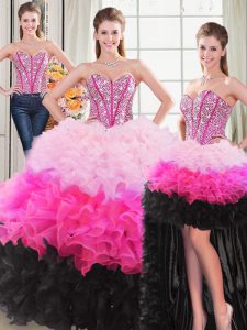 Sweetheart Sleeveless 15 Quinceanera Dress Floor Length Beading and Ruffles Multi-color Organza