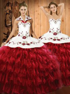 Wine Red Ball Gowns Embroidery and Ruffled Layers Vestidos de Quinceanera Lace Up Organza Sleeveless Floor Length