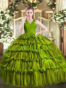 Olive Green Sleeveless Floor Length Ruffled Layers Zipper 15 Quinceanera Dress