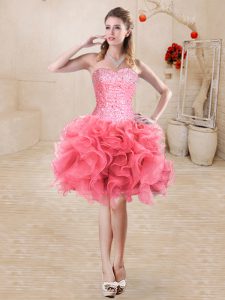 Sumptuous Watermelon Red Organza Lace Up Sweetheart Sleeveless Mini Length Prom Dresses Beading and Ruffles