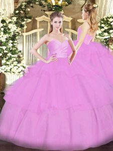 Organza Sweetheart Sleeveless Lace Up Beading and Ruffled Layers 15 Quinceanera Dress in Lilac