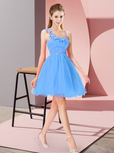 Beauteous Baby Blue Empire Beading and Hand Made Flower Prom Gown Zipper Organza Sleeveless Mini Length
