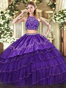 High-neck Sleeveless Tulle Vestidos de Quinceanera Beading and Embroidery and Ruffled Layers Zipper