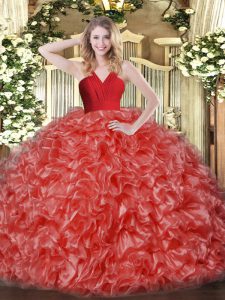 Enchanting Red Sleeveless Organza Zipper Sweet 16 Dresses for Military Ball and Sweet 16 and Quinceanera