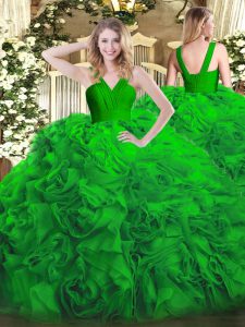 Floor Length Zipper Quinceanera Gown Green for Military Ball and Sweet 16 and Quinceanera with Ruffles