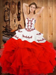 Admirable Ball Gowns 15 Quinceanera Dress White And Red Strapless Satin and Organza Sleeveless Floor Length Lace Up
