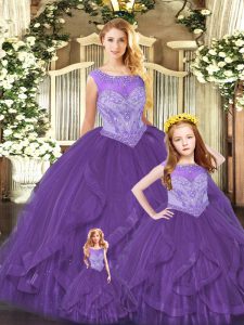 Flare Purple Organza Lace Up 15 Quinceanera Dress Sleeveless Floor Length Beading and Ruffles