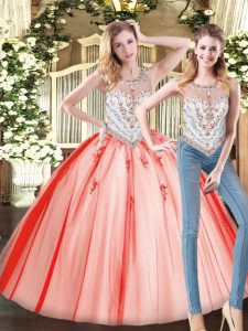 Beautiful Red Ball Gown Prom Dress Military Ball and Sweet 16 and Quinceanera with Beading Scoop Sleeveless Zipper