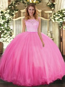 On Sale Rose Pink Scoop Neckline Lace Ball Gown Prom Dress Sleeveless Clasp Handle