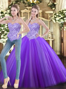 Sleeveless Tulle Floor Length Lace Up 15th Birthday Dress in Eggplant Purple with Beading