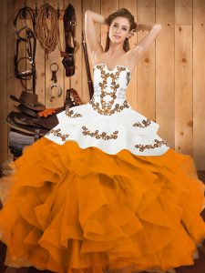 Glittering Strapless Sleeveless Lace Up Quinceanera Dresses Gold Satin and Organza