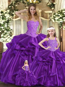 Low Price Purple Organza Lace Up Quince Ball Gowns Sleeveless Floor Length Beading and Ruffles