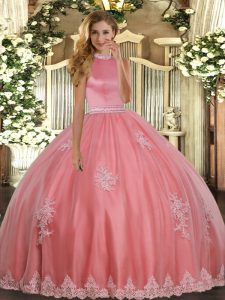 Halter Top Sleeveless Tulle Quinceanera Dress Beading and Appliques Backless