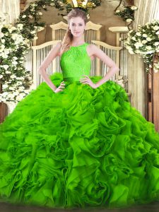 Ball Gowns Scoop Sleeveless Fabric With Rolling Flowers Floor Length Zipper Lace Sweet 16 Quinceanera Dress