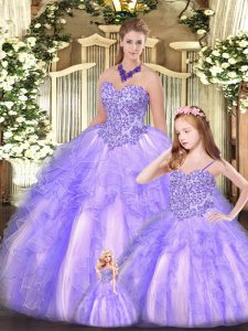 Luxurious Lavender Sweetheart Neckline Beading and Ruffles Quince Ball Gowns Sleeveless Lace Up