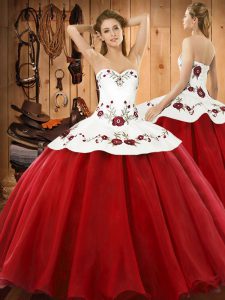 Wine Red Quinceanera Dress Military Ball and Sweet 16 and Quinceanera with Embroidery Halter Top Sleeveless Lace Up